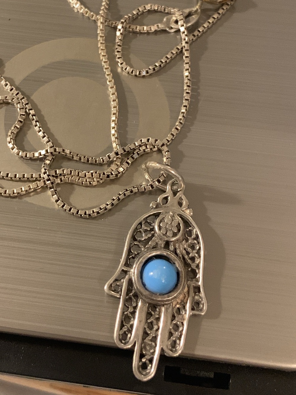 925 Sterling Silver Hamsa Hand Necklace with Blue Stone Pendant firm